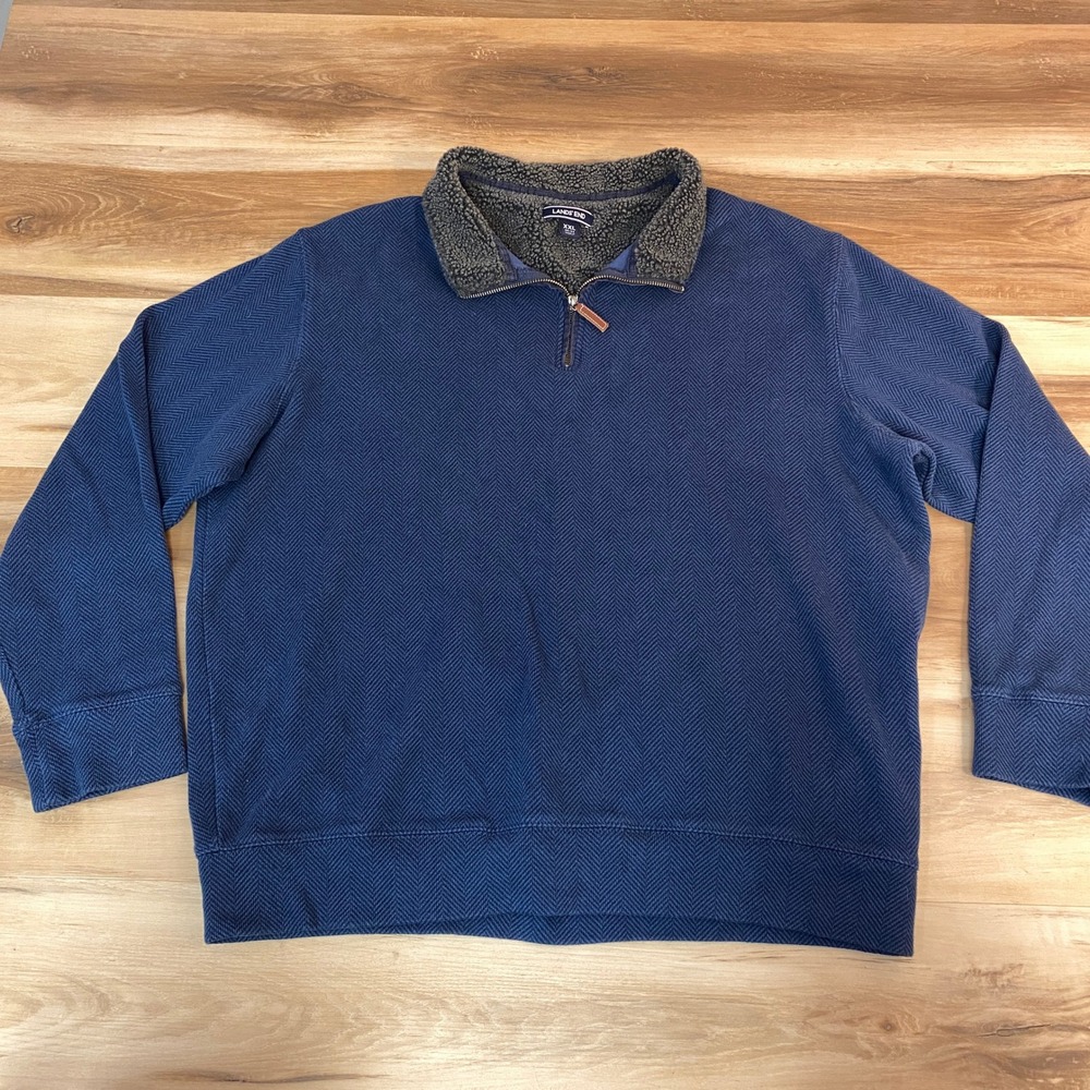 Lands End Mens Sweater Mens XXL Navy Blue Herringbone Quarter Zip Sherpa‎ Collar
